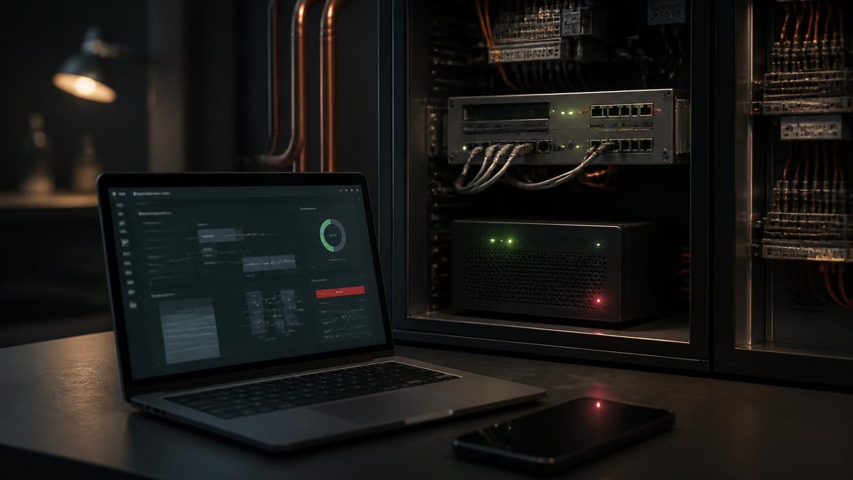 Netzwerkschrank mit roter Status-LED und Laptop mit Übersicht