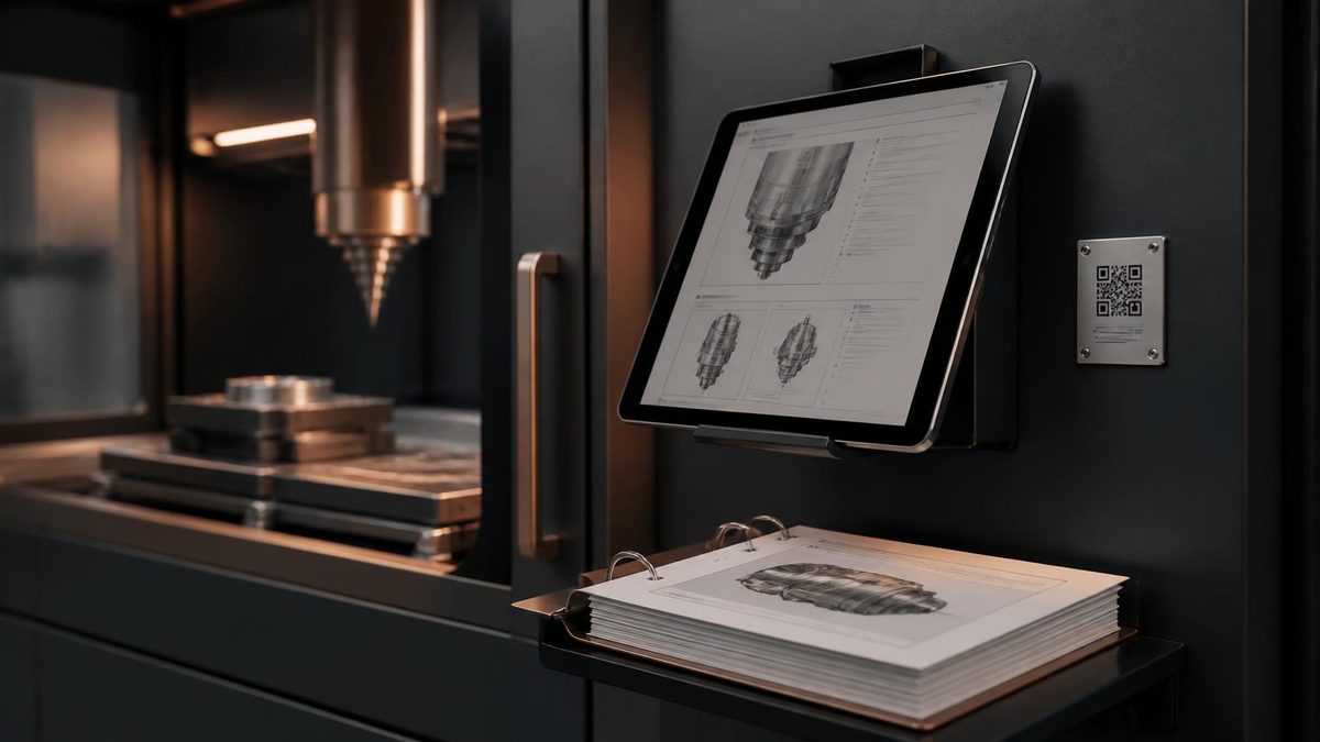 Tablet an einer CNC-Maschine mit digitaler Anleitung, darunter ein gedrucktes Handbuch