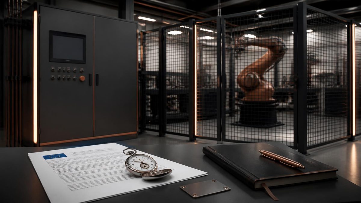 Roboterzelle hinter Schutzzaun, davor Verordnungstext und Taschenuhr