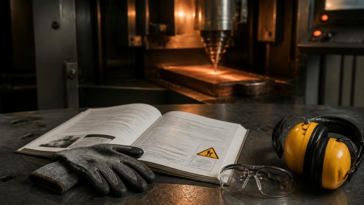 Hydraulikpresse mit Warnschild, davor eine aufgeschlagene Betriebsanleitung und ein Tablet mit Prüfliste