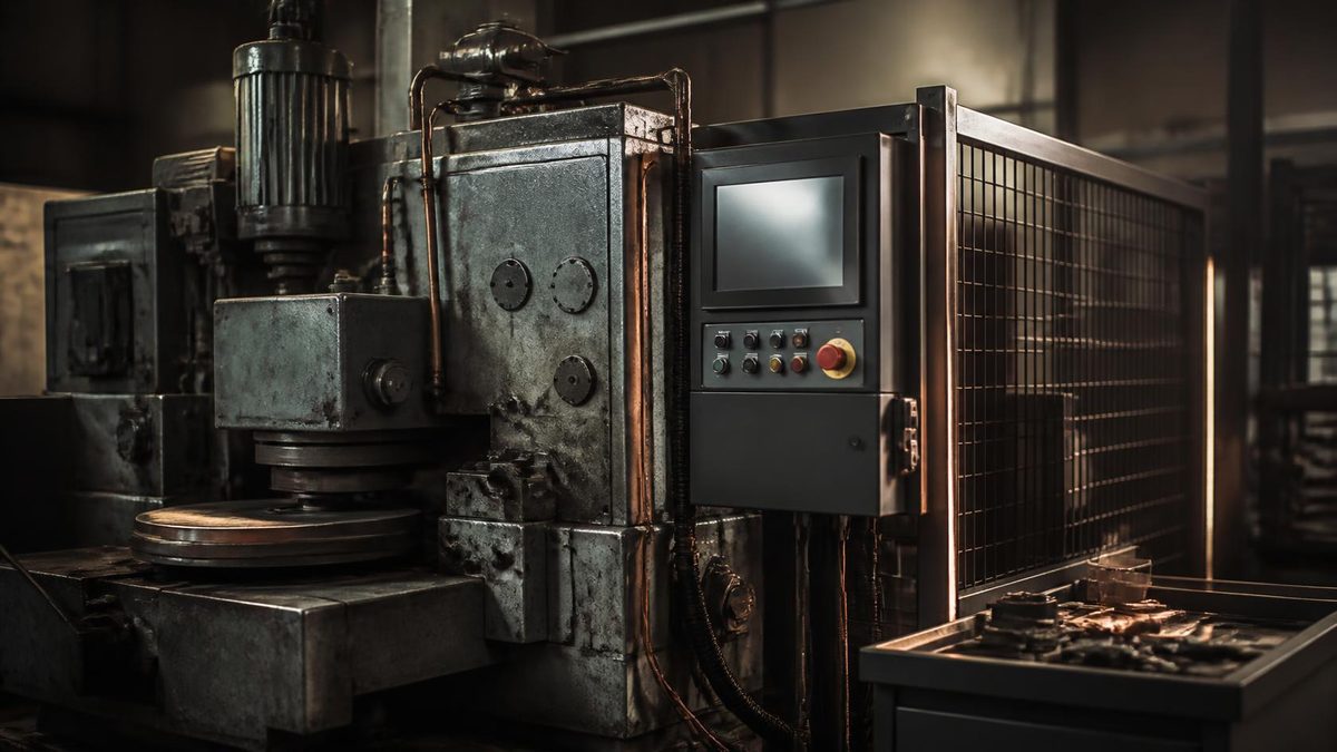 Ältere Maschine im Retrofit mit neu montiertem Schaltschrank und Schutzzaun